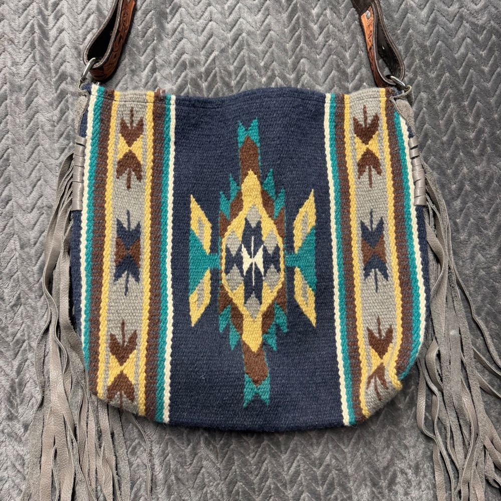 Handmade Southwestern Wool Fringe Blanket Crossbody Bag Tooled Leather Strap - Picture 3 of 9